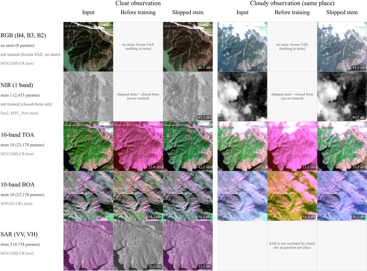 Reconstruction grid for the RGB, single-band NIR, 10-band TOA, 10-band BOA and SAR routes (clear and cloudy observations of the same place; SAR clear only): input, reconstruction before stem training (trained routes only), and reconstruction with the final stem, labelled with PSNR in dB.