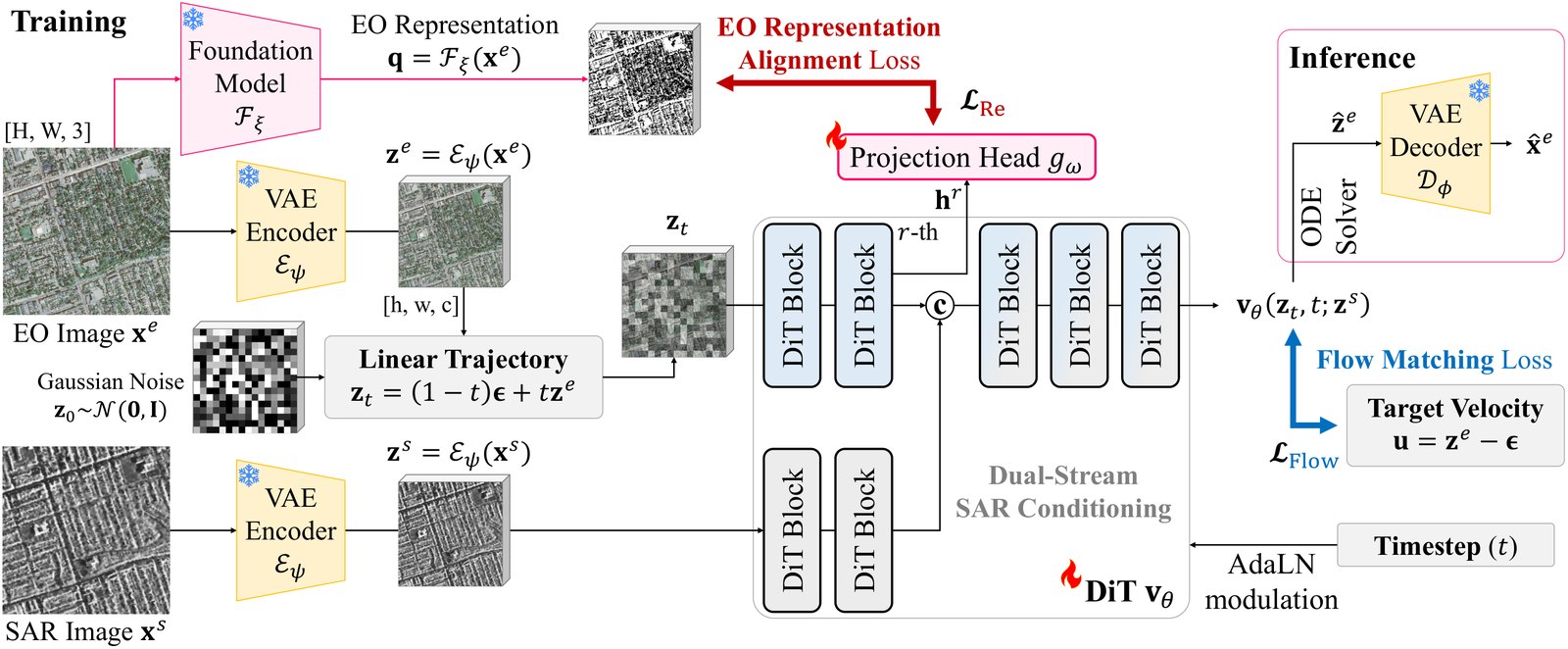 ReFlowSET framework. Training: the frozen VAE encoder maps the EO and SAR images to latents; a linear trajectory mixes Gaussian noise with the EO latent; a DiT with dual-stream blocks for the SAR latent and the noisy EO latent, followed by concatenation and single-stream blocks, predicts the velocity and is trained with a flow matching loss. Features after the r-th block pass through a projection head and are aligned with EO representations from a frozen foundation model. Inference: an ODE solver integrates the velocity and the VAE decoder produces the EO image.