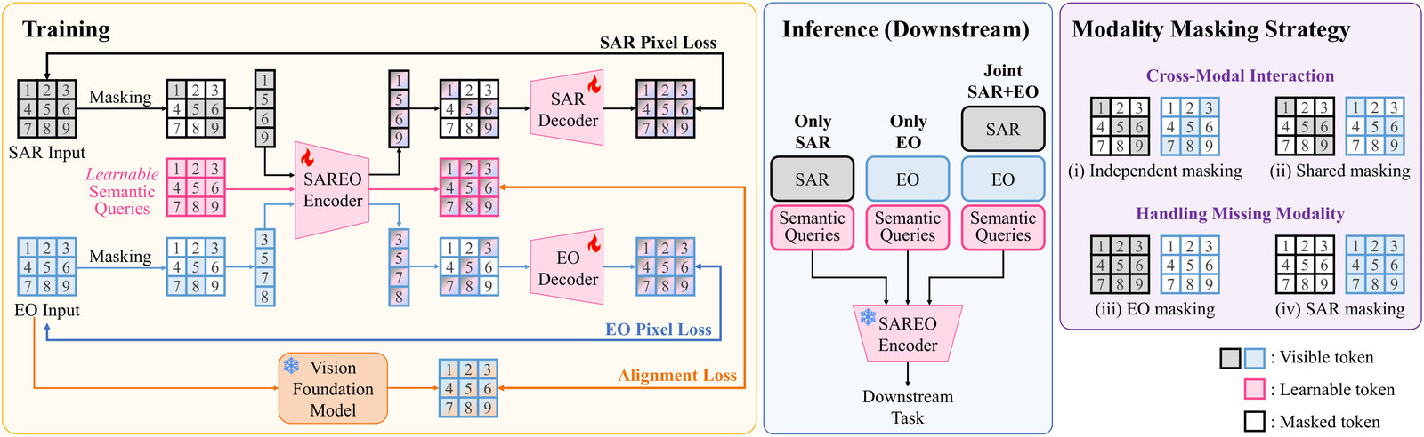 SAREO-FM overview in three panels. Training: SAR and EO inputs are masked; their visible tokens and the learnable semantic queries enter the SAREO encoder; the SAR and EO output tokens go to a SAR decoder and an EO decoder for the SAR and EO pixel losses, and the query outputs are aligned with the features of a frozen vision foundation model applied to the EO input (alignment loss). Inference (downstream): only SAR, only EO, or joint SAR plus EO tokens, always with the semantic queries, pass through the frozen SAREO encoder to the downstream task. Modality masking strategy: cross-modal interaction with (i) independent and (ii) shared masking, and handling missing modality with (iii) EO masking and (iv) SAR masking.